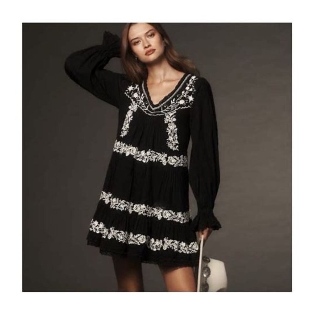 Anthropologie Black Baby Doll Dress with White Floral Embroidery - Size XS